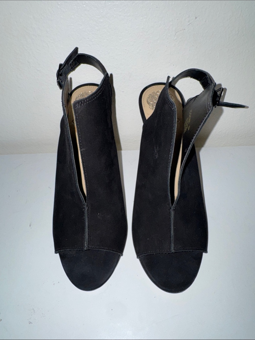 Vince Camuto Black Suede Open-Toe Slingback Heels